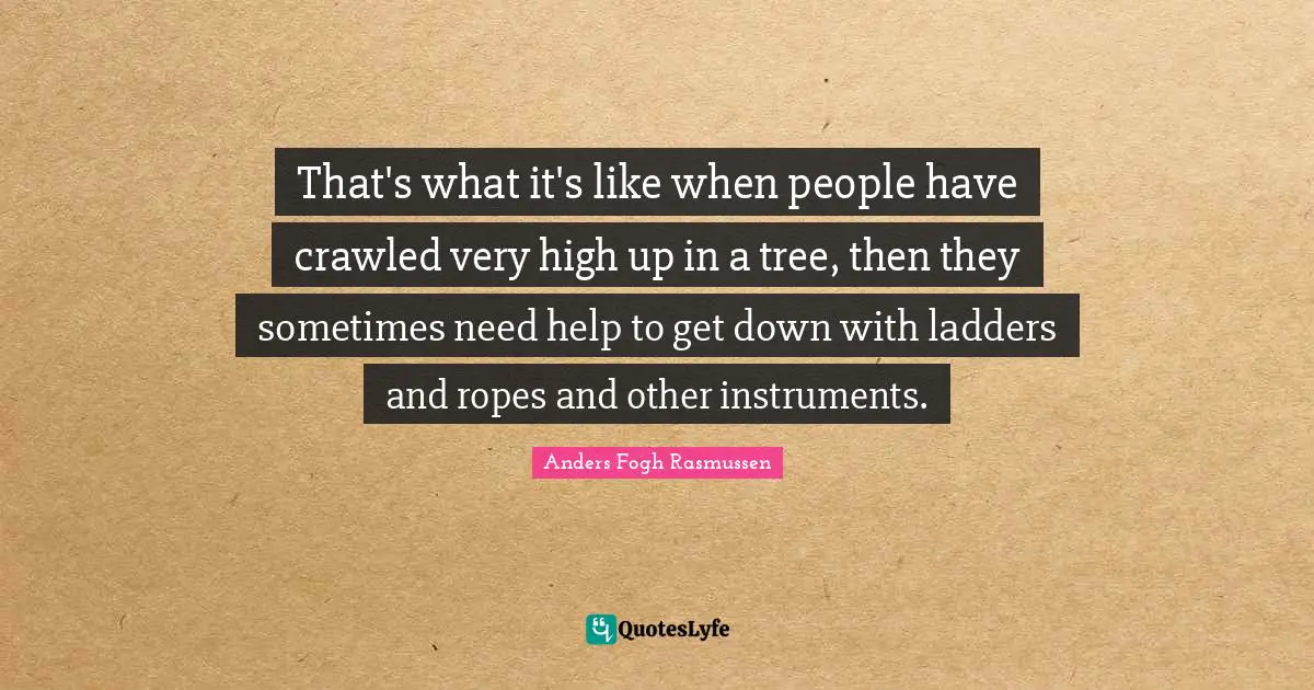 That's what it's like when people have crawled very high up in a tree, then they sometimes need help to get down with ladders and ropes and other instruments.