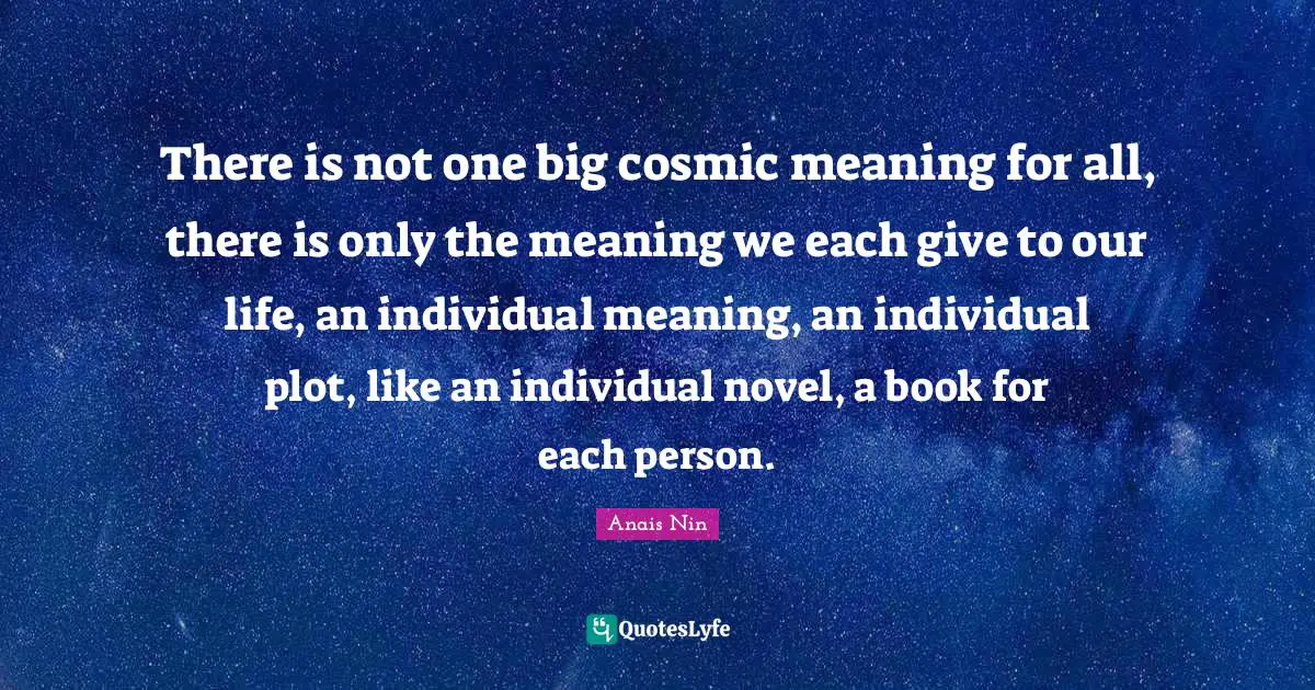 There is not one big cosmic meaning for all, there is only the meaning we each give to our life, an individual meaning, an individual plot, like an individual novel, a book for each person.
