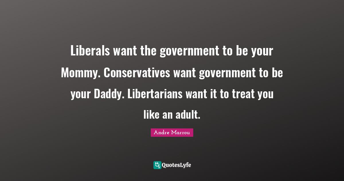 Liberals want the government to be your Mommy. Conservatives want government to be your Daddy. Libertarians want it to treat you like an adult.