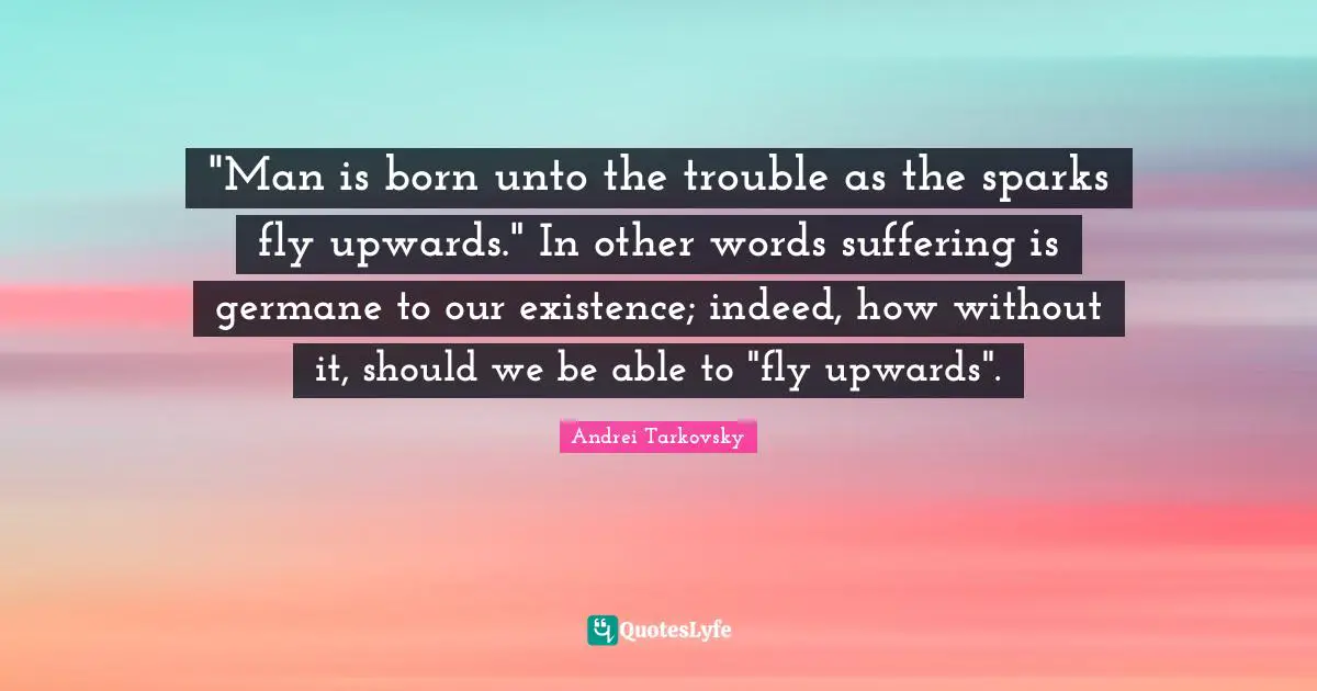 "Man is born unto the trouble as the sparks fly upwards." In other words suffering is germane to our existence; indeed, how without it, should we be able to "fly upwards".