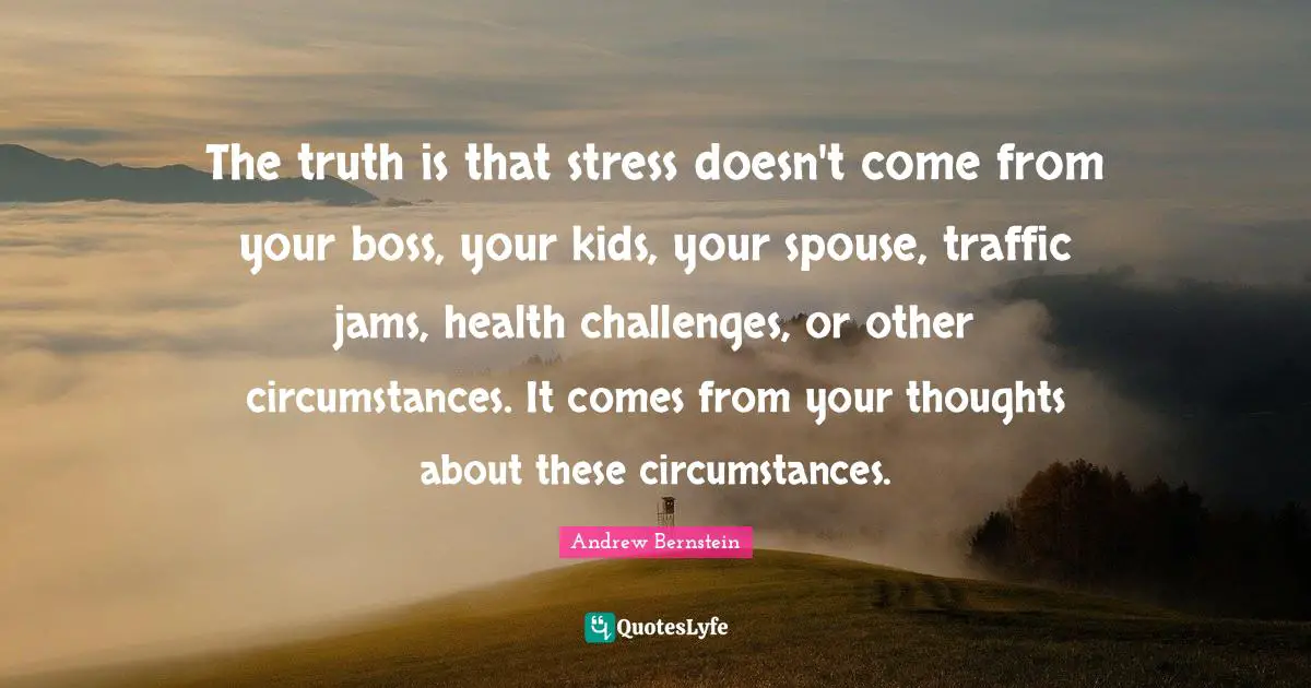 The truth is that stress doesn't come from your boss, your kids, your spouse, traffic jams, health challenges, or other circumstances. It comes from your thoughts about these circumstances.