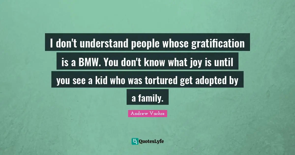 I don't understand people whose gratification is a BMW. You don't know what joy is until you see a kid who was tortured get adopted by a family.