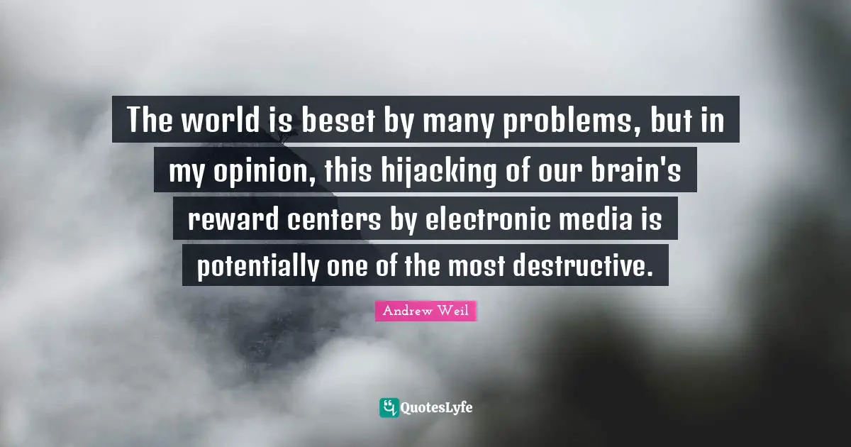 The world is beset by many problems, but in my opinion, this hijacking of our brain's reward centers by electronic media is potentially one of the most destructive.