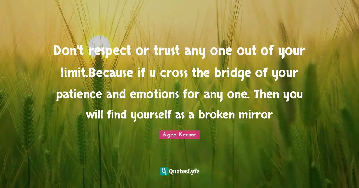 Don't respect or trust any one out of your limit.Because if u cross the bridge of your patience and emotions for any one. Then you will find yourself as a broken mirror