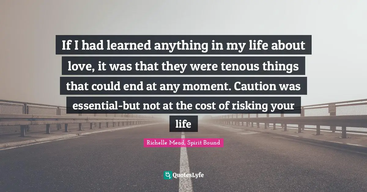 If I had learned anything in my life about love, it was that they were tenous things that could end at any moment. Caution was essential-but not at the cost of risking your life