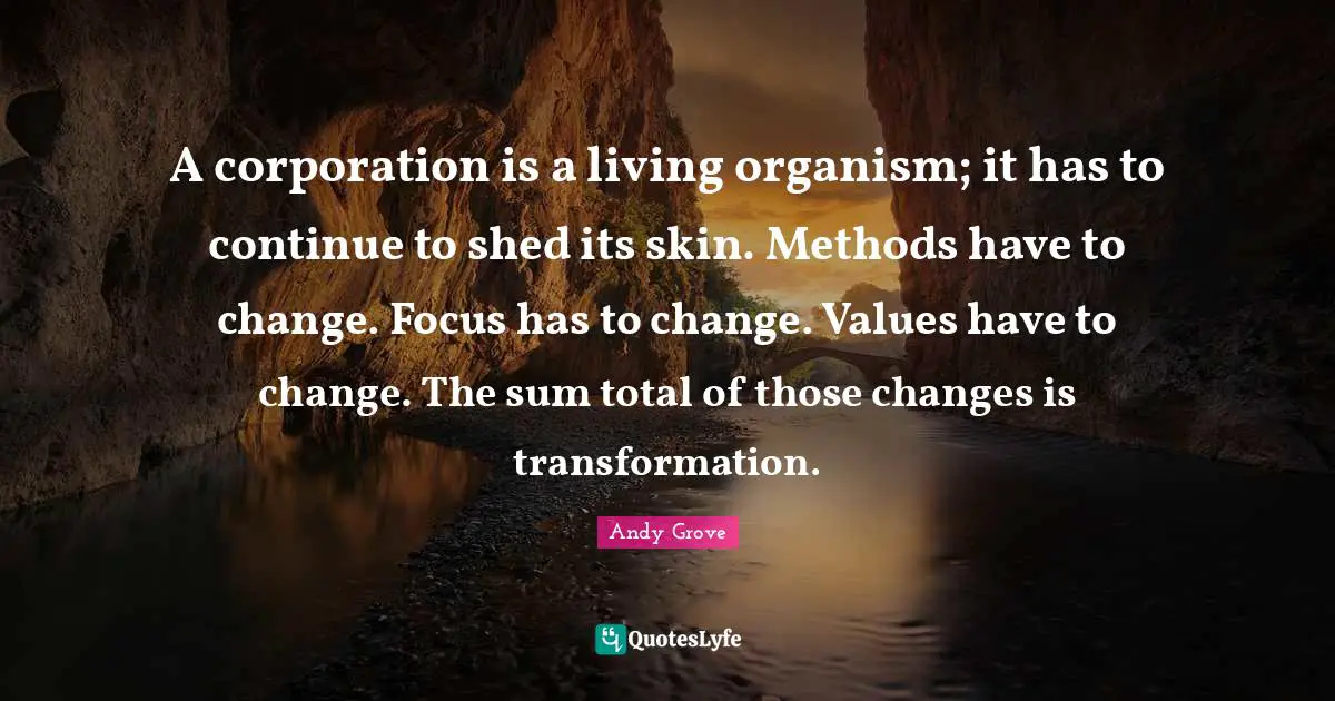 A corporation is a living organism; it has to continue to shed its skin. Methods have to change. Focus has to change. Values have to change. The sum total of those changes is transformation.