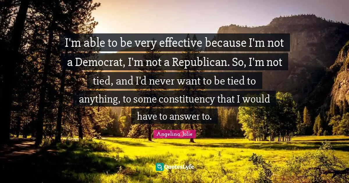 I'm able to be very effective because I'm not a Democrat, I'm not a Republican. So, I'm not tied, and I'd never want to be tied to anything, to some constituency that I would have to answer to.