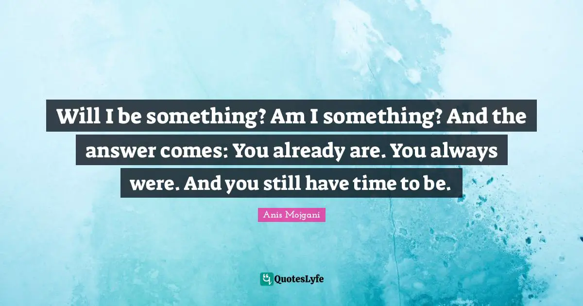 Anis Mojgani Quotes: "Will I be something? Am I something? And the answer comes: You already are. You always were. And you still have time to be."
