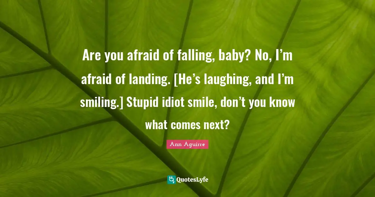 Are you afraid of falling, baby? No, I’m afraid of landing. [He’s laughing, and I’m smiling.] Stupid idiot smile, don’t you know what comes next?