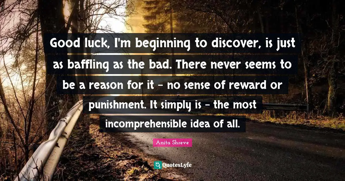 Good luck, I'm beginning to discover, is just as baffling as the bad. There never seems to be a reason for it - no sense of reward or punishment. It simply is - the most incomprehensible idea of all.
