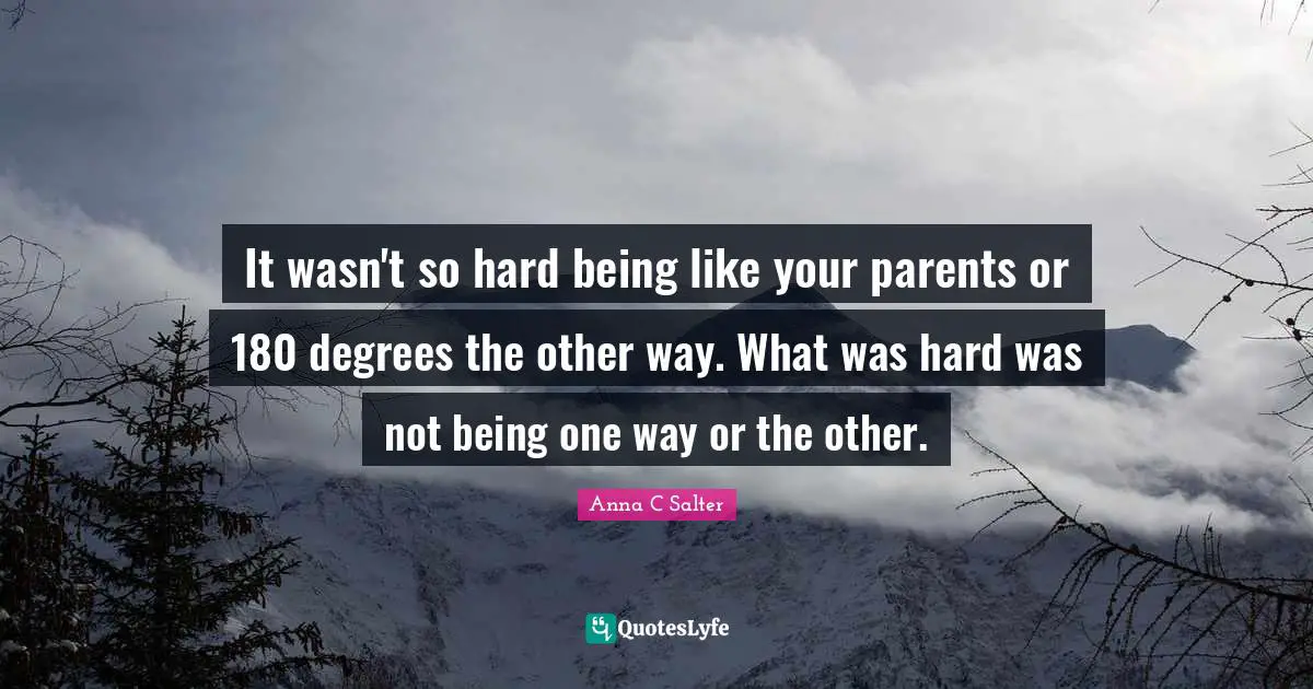 It wasn't so hard being like your parents or 180 degrees the other way. What was hard was not being one way or the other.