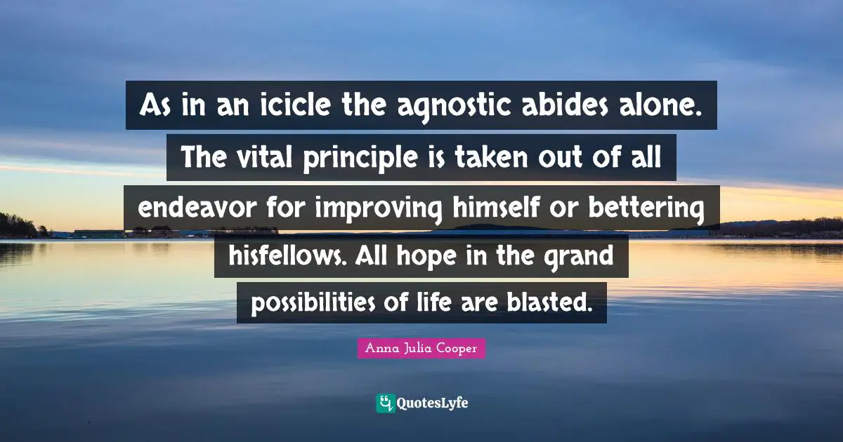 Anna Julia Cooper Quotes: "As in an icicle the agnostic abides alone. The vital principle is taken out of all endeavor for improving himself or bettering hisfellows. All hope in the grand possibilities of life are blasted."