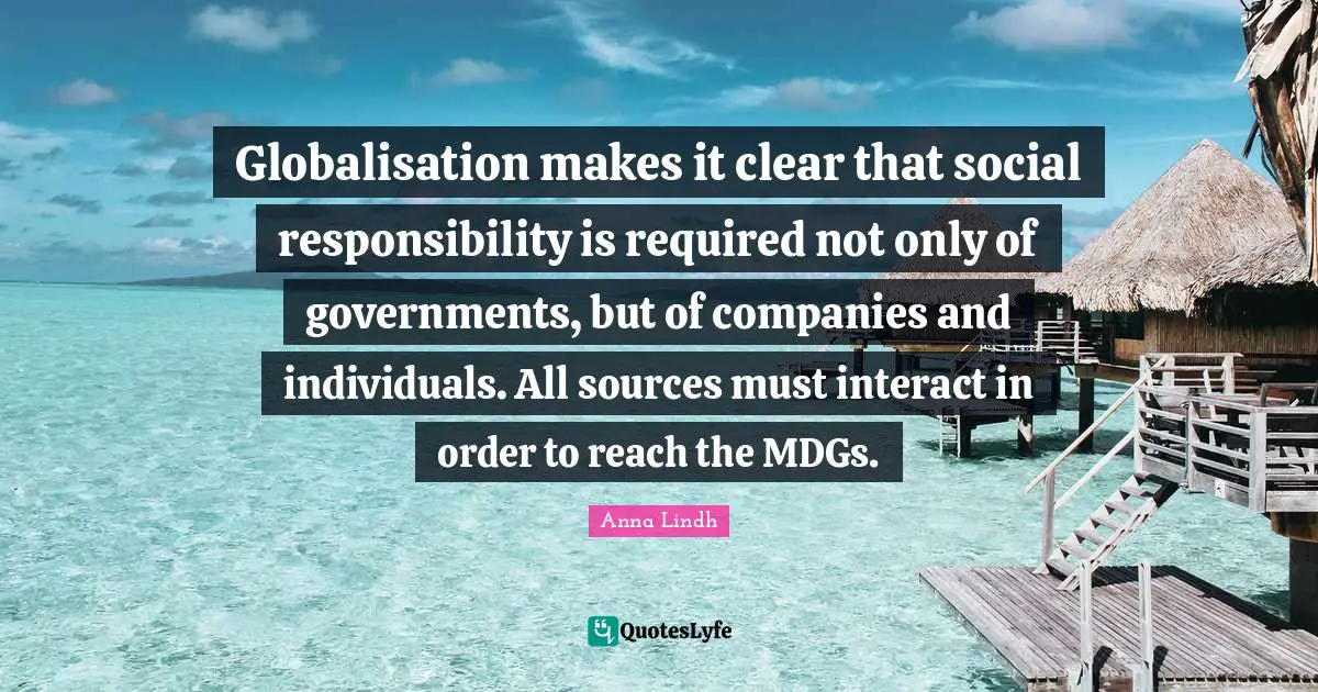 Globalisation makes it clear that social responsibility is required not only of governments, but of companies and individuals. All sources must interact in order to reach the MDGs.
