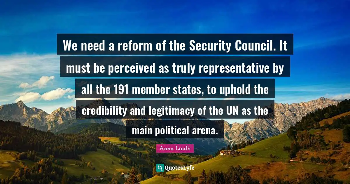 We need a reform of the Security Council. It must be perceived as truly representative by all the 191 member states, to uphold the credibility and legitimacy of the UN as the main political arena.