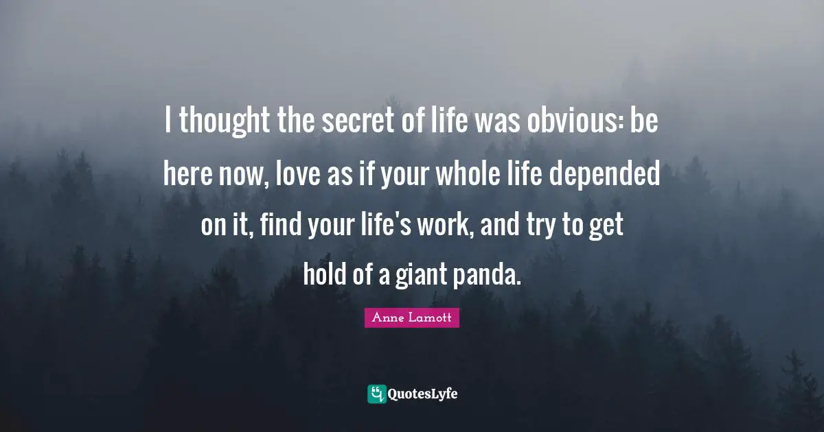 Be Here Now Quotes: "I thought the secret of life was obvious: be here now, love as if your whole life depended on it, find your life's work, and try to get hold of a giant panda."