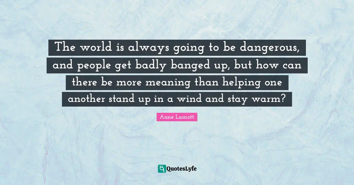 The world is always going to be dangerous, and people get badly banged up, but how can there be more meaning than helping one another stand up in a wind and stay warm?