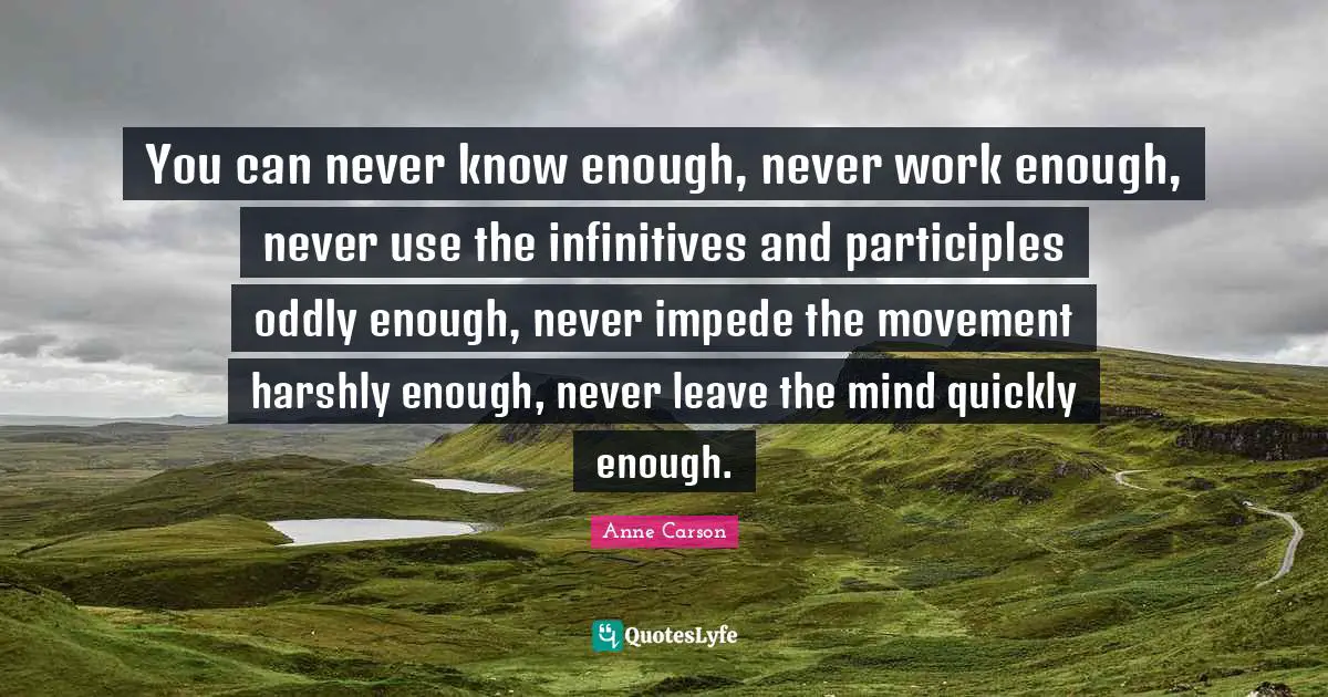 You can never know enough, never work enough, never use the infinitives and participles oddly enough, never impede the movement harshly enough, never leave the mind quickly enough.