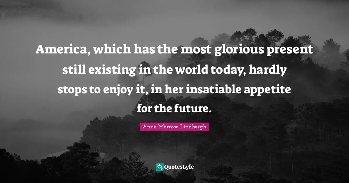 America, which has the most glorious present still existing in the world today, hardly stops to enjoy it, in her insatiable appetite for the future.
