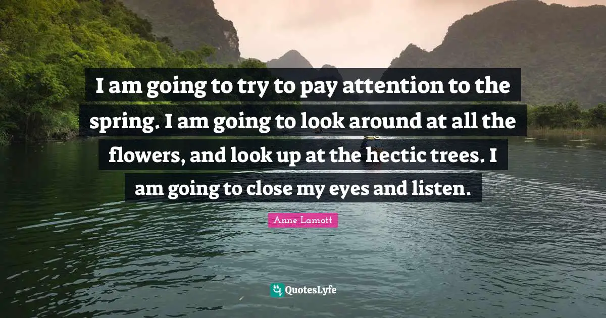 Anne Lamott Quotes: "I am going to try to pay attention to the spring. I am going to look around at all the flowers, and look up at the hectic trees. I am going to close my eyes and listen."