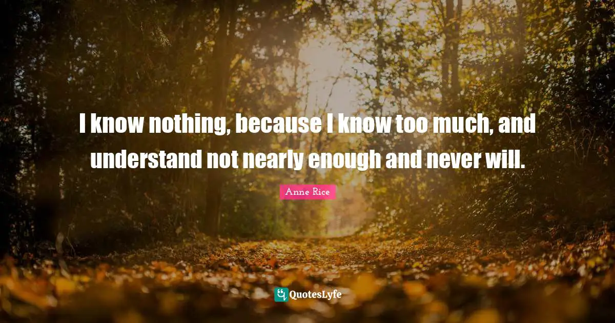 I know nothing, because I know too much, and understand not nearly enough and never will.