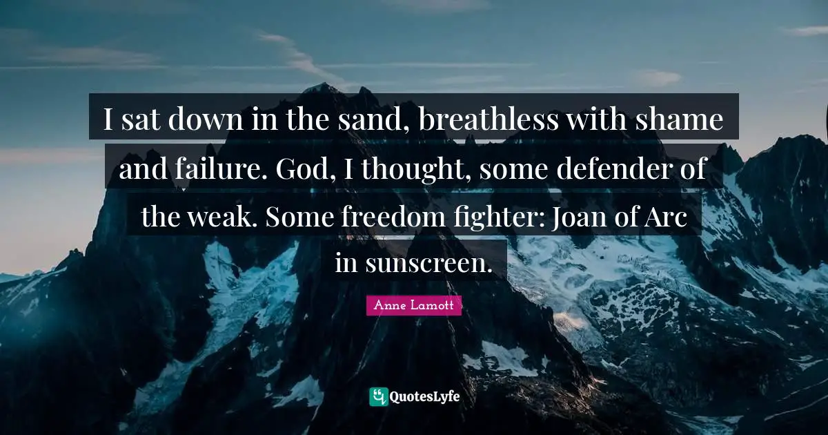 I sat down in the sand, breathless with shame and failure. God, I thought, some defender of the weak. Some freedom fighter: Joan of Arc in sunscreen.
