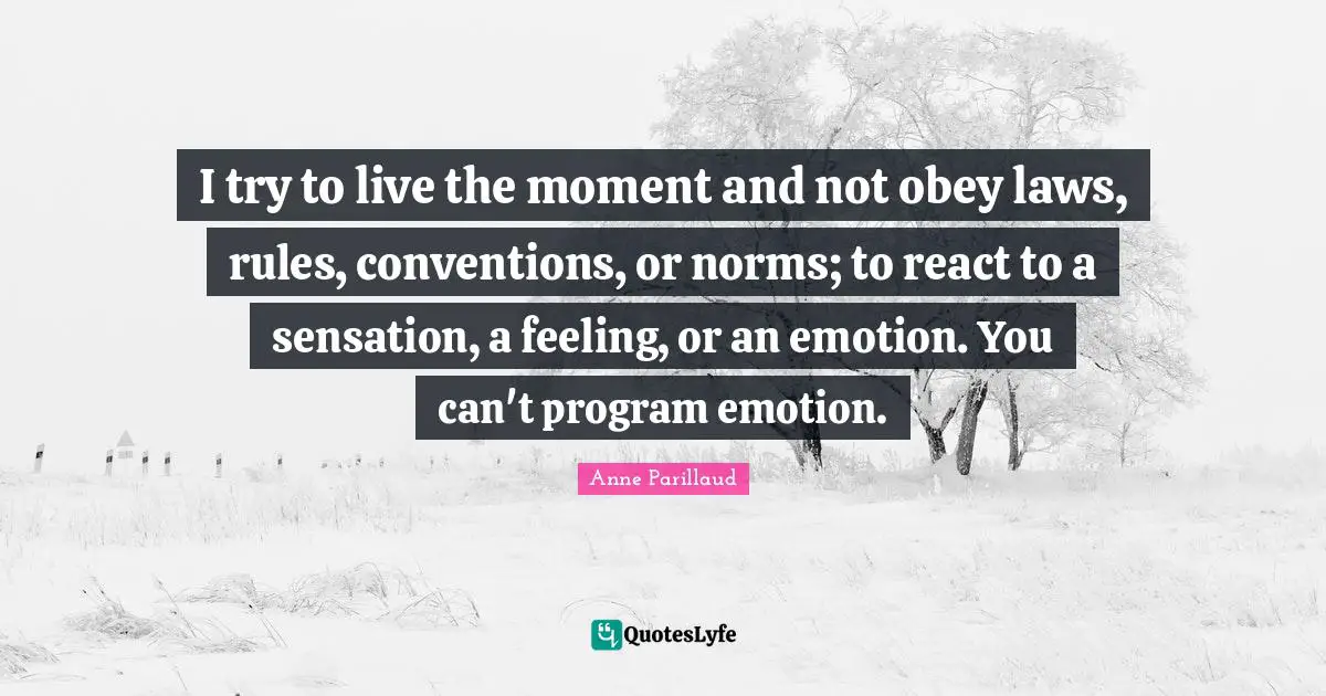 I try to live the moment and not obey laws, rules, conventions, or norms; to react to a sensation, a feeling, or an emotion. You can't program emotion.