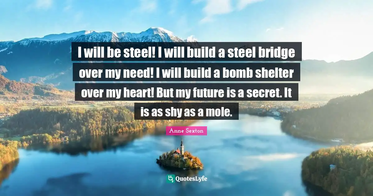 Anne Sexton Quotes: "I will be steel! I will build a steel bridge over my need! I will build a bomb shelter over my heart! But my future is a secret. It is as shy as a mole."