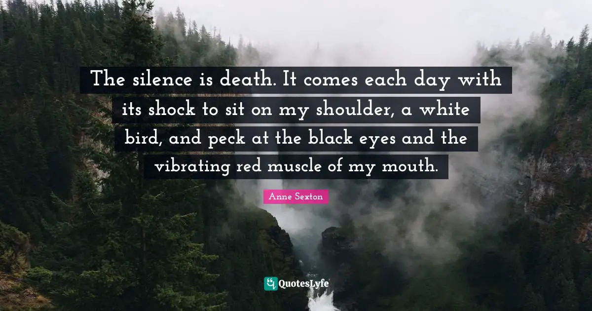 The silence is death. It comes each day with its shock to sit on my shoulder, a white bird, and peck at the black eyes and the vibrating red muscle of my mouth.