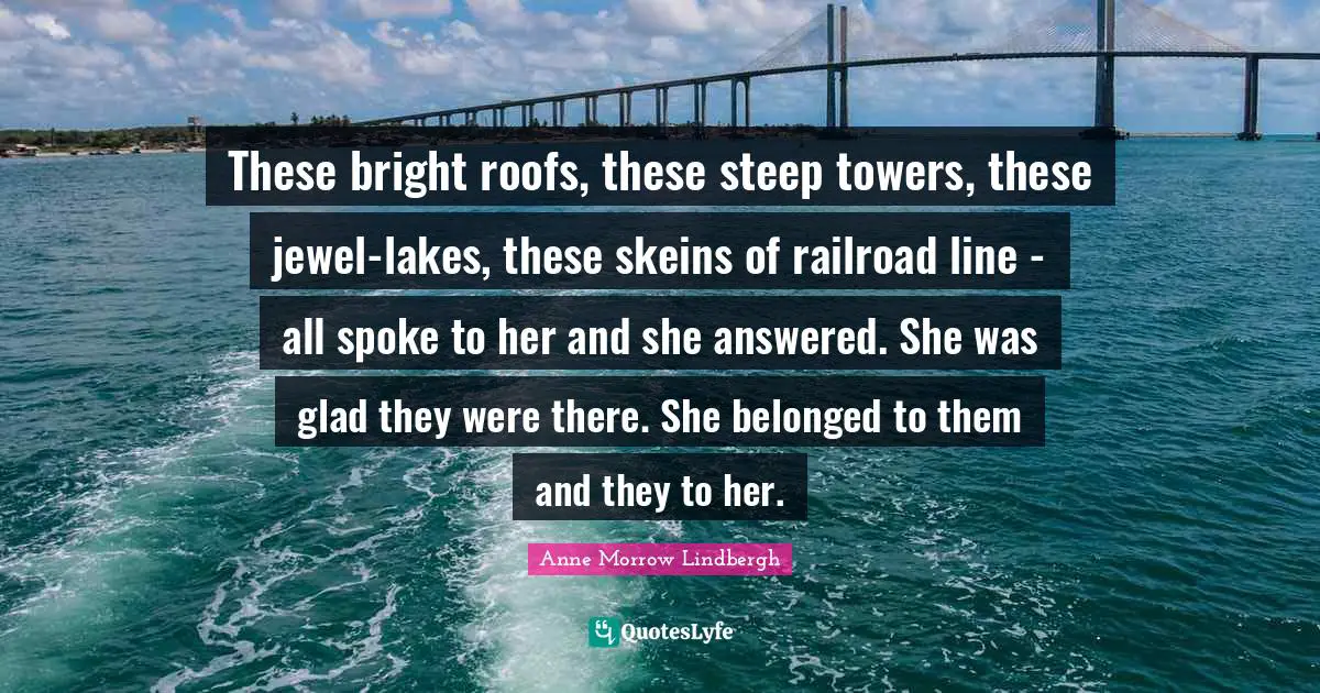 These bright roofs, these steep towers, these jewel-lakes, these skeins of railroad line - all spoke to her and she answered. She was glad they were there. She belonged to them and they to her.