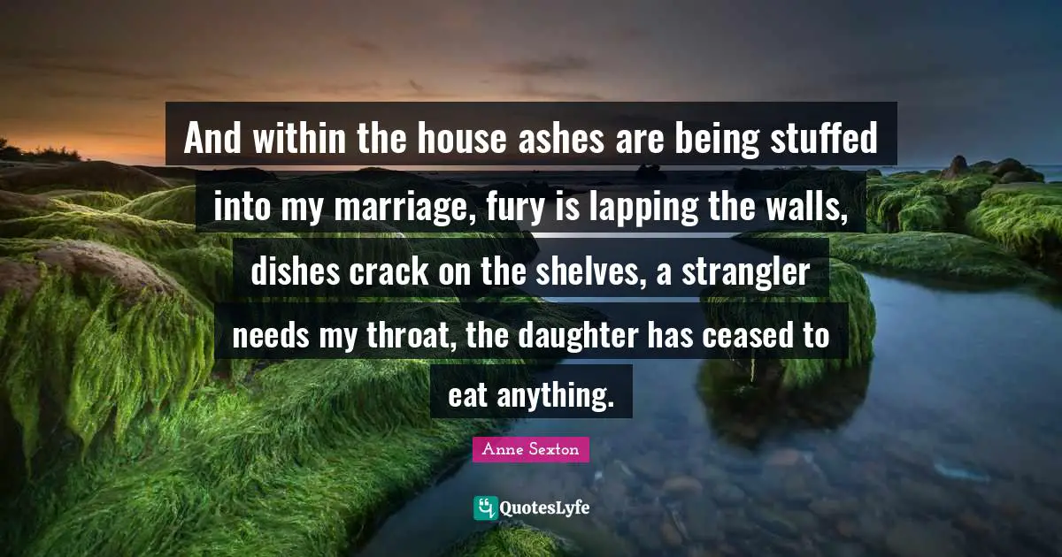 And within the house ashes are being stuffed into my marriage, fury is lapping the walls, dishes crack on the shelves, a strangler needs my throat, the daughter has ceased to eat anything.