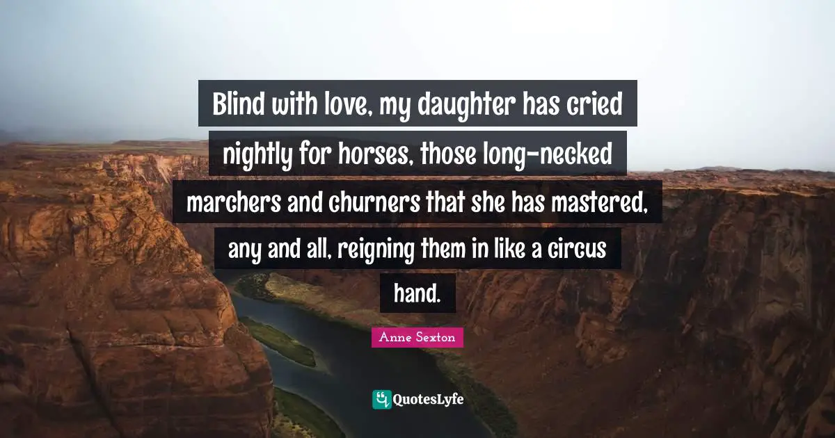 Blind with love, my daughter has cried nightly for horses, those long-necked marchers and churners that she has mastered, any and all, reigning them in like a circus hand.