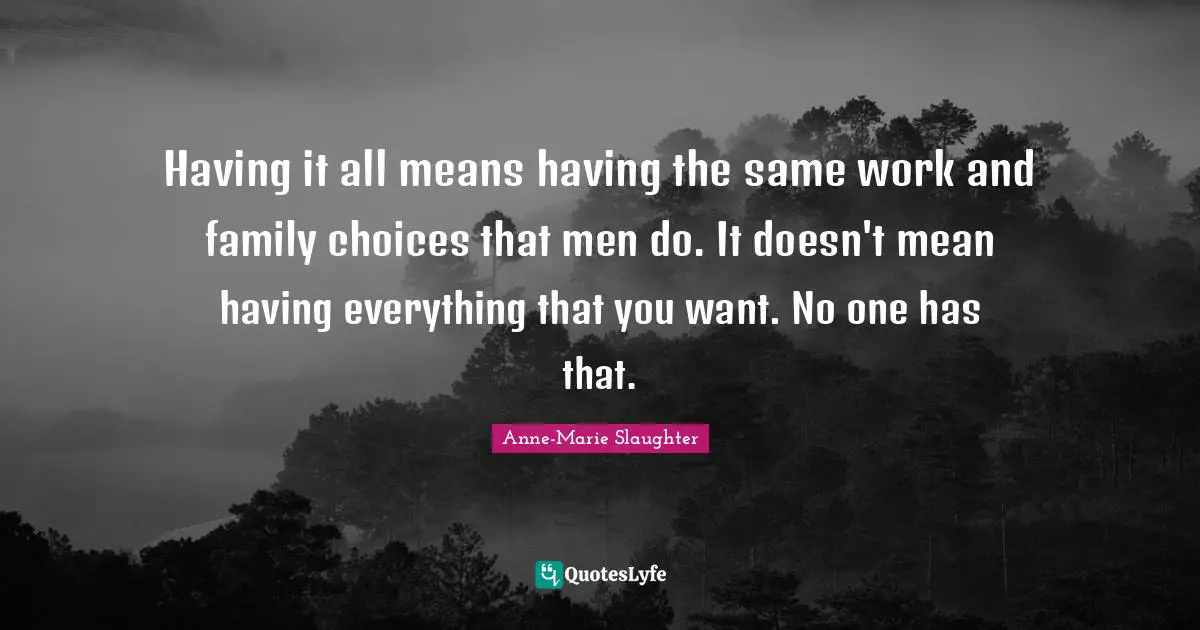 Having it all means having the same work and family choices that men do. It doesn't mean having everything that you want. No one has that.