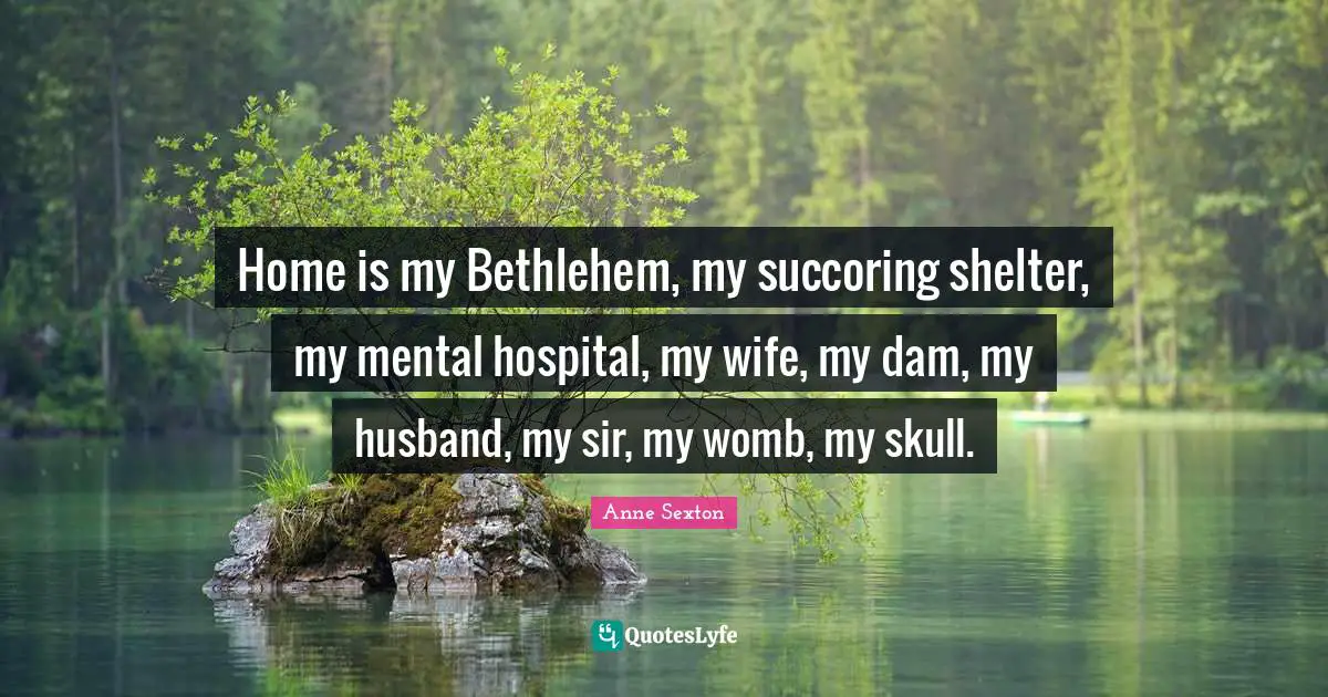 Home is my Bethlehem, my succoring shelter, my mental hospital, my wife, my dam, my husband, my sir, my womb, my skull.