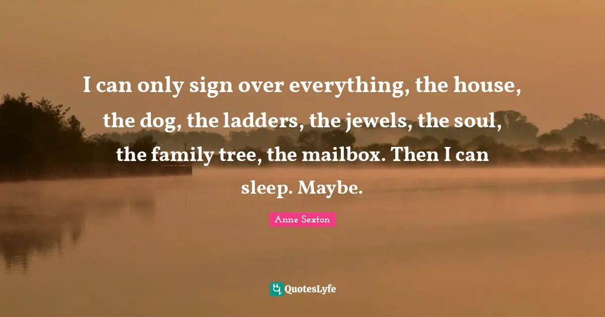 I can only sign over everything, the house, the dog, the ladders, the jewels, the soul, the family tree, the mailbox. Then I can sleep. Maybe.