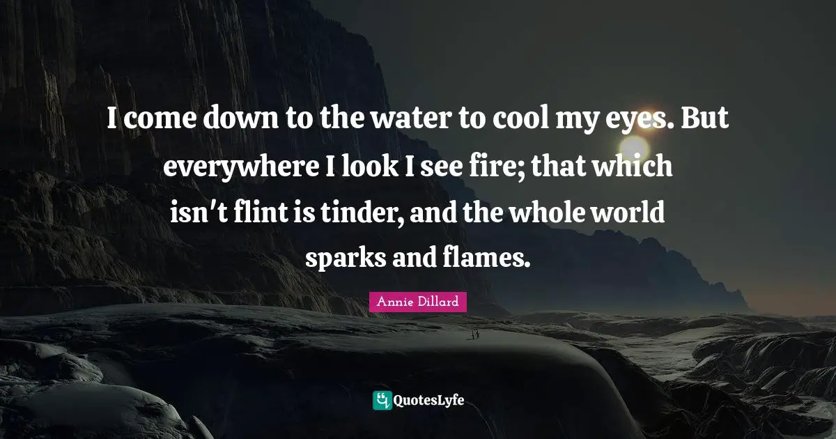 I come down to the water to cool my eyes. But everywhere I look I see fire; that which isn't flint is tinder, and the whole world sparks and flames.