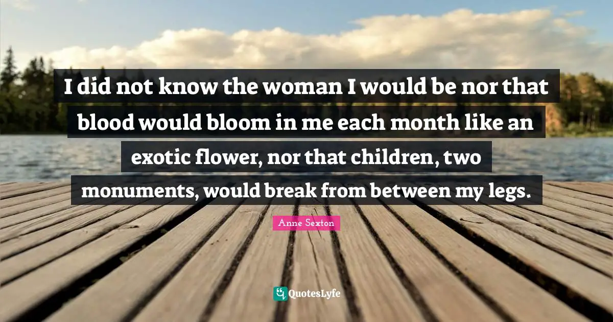 I did not know the woman I would be nor that blood would bloom in me each month like an exotic flower, nor that children, two monuments, would break from between my legs.
