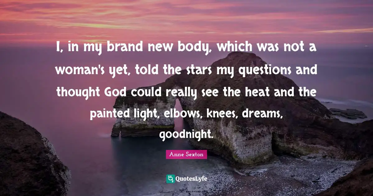 Goodnight Quotes: "I, in my brand new body, which was not a woman's yet, told the stars my questions and thought God could really see the heat and the painted light, elbows, knees, dreams, goodnight."