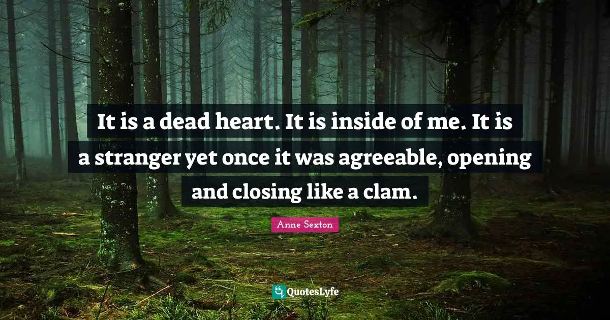 It is a dead heart. It is inside of me. It is a stranger yet once it was agreeable, opening and closing like a clam.