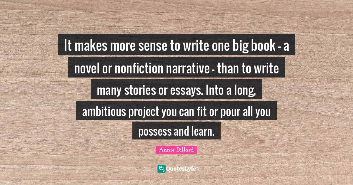 It makes more sense to write one big book - a novel or nonfiction narrative - than to write many stories or essays. Into a long, ambitious project you can fit or pour all you possess and learn.