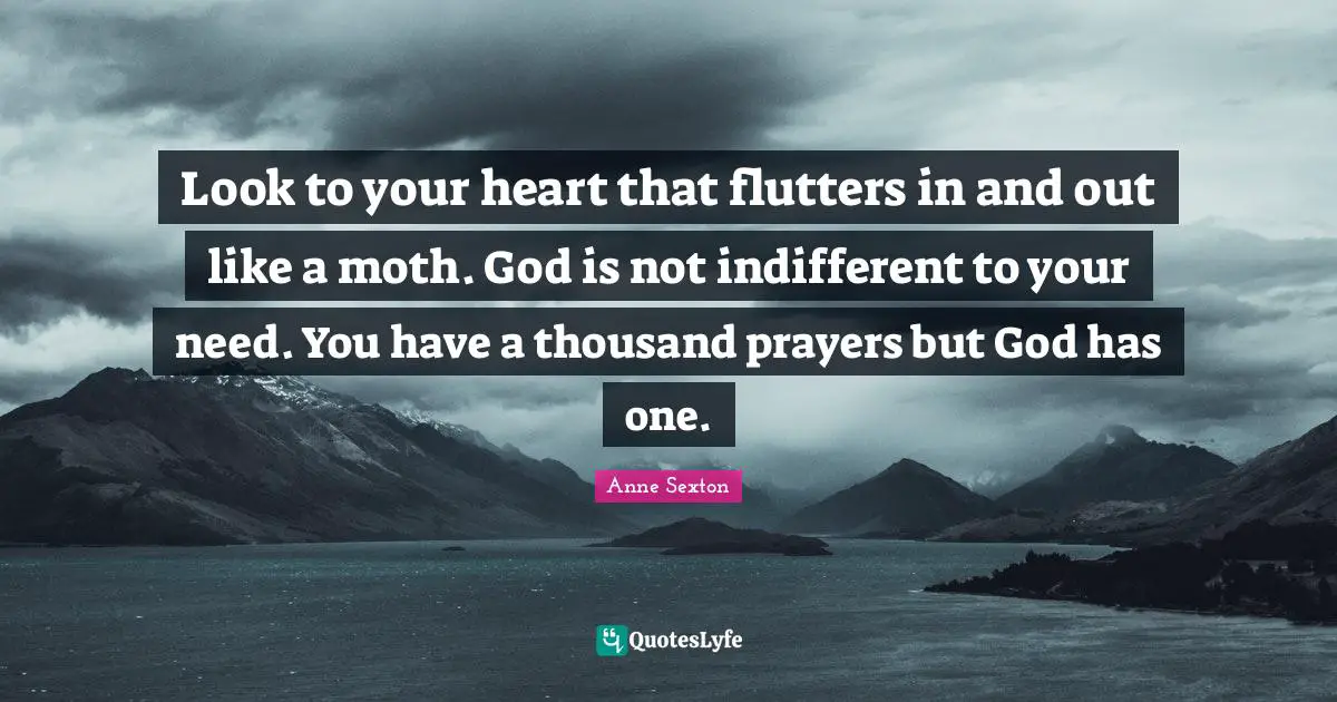 Look to your heart that flutters in and out like a moth. God is not indifferent to your need. You have a thousand prayers but God has one.