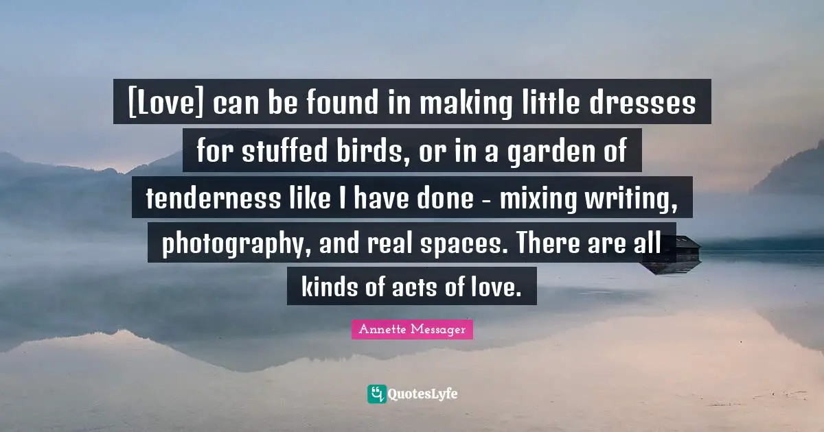 [Love] can be found in making little dresses for stuffed birds, or in a garden of tenderness like I have done - mixing writing, photography, and real spaces. There are all kinds of acts of love.