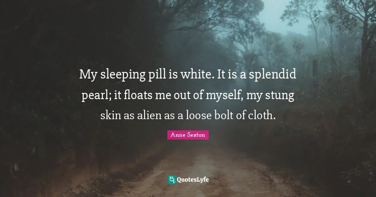 My sleeping pill is white. It is a splendid pearl; it floats me out of myself, my stung skin as alien as a loose bolt of cloth.