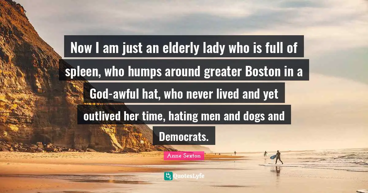 Now I am just an elderly lady who is full of spleen, who humps around greater Boston in a God-awful hat, who never lived and yet outlived her time, hating men and dogs and Democrats.