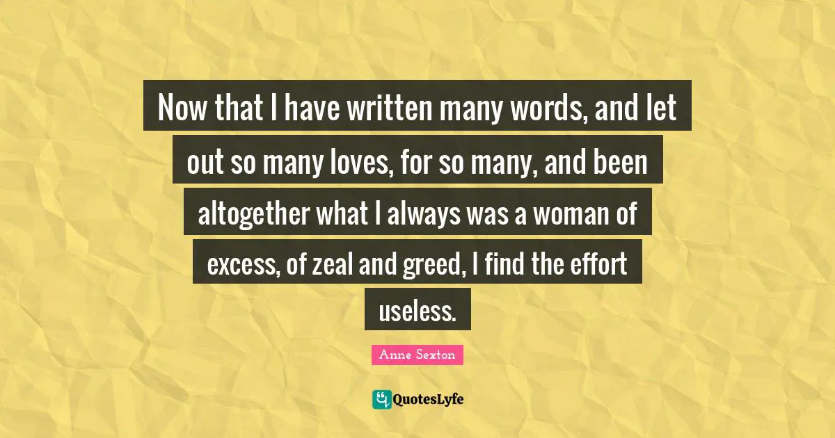 Now that I have written many words, and let out so many loves, for so many, and been altogether what I always was a woman of excess, of zeal and greed, I find the effort useless.