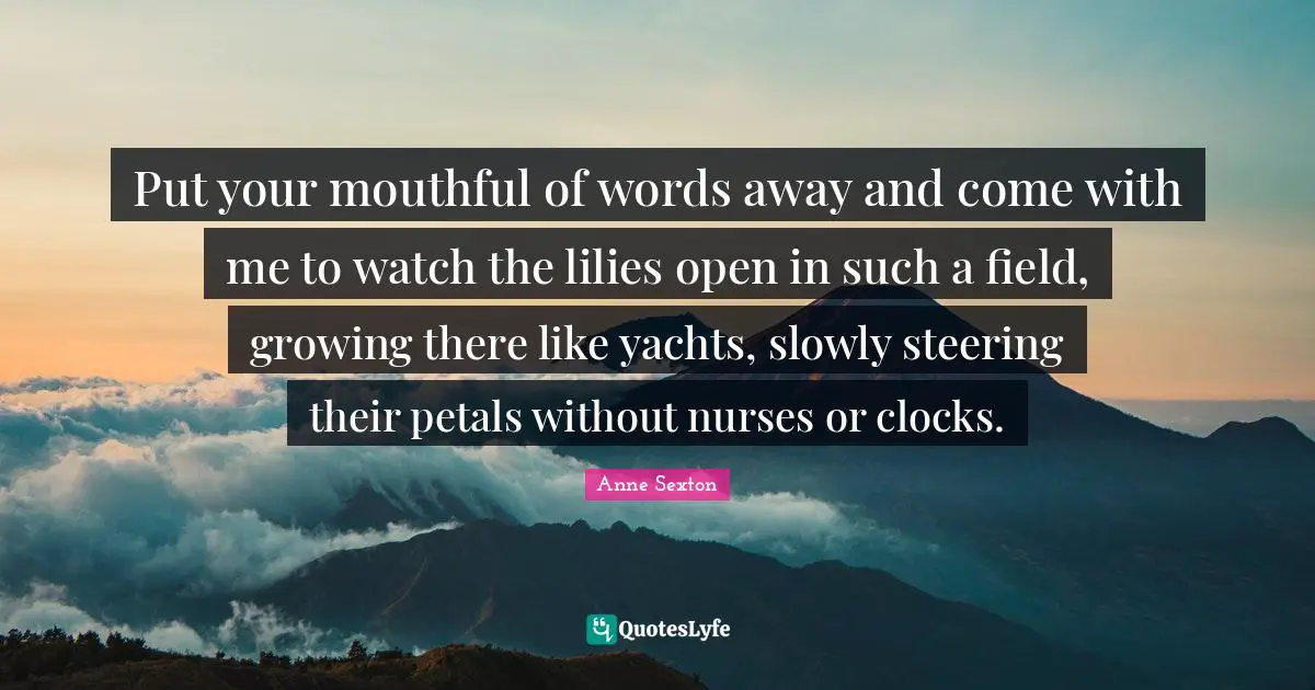 Put your mouthful of words away and come with me to watch the lilies open in such a field, growing there like yachts, slowly steering their petals without nurses or clocks.