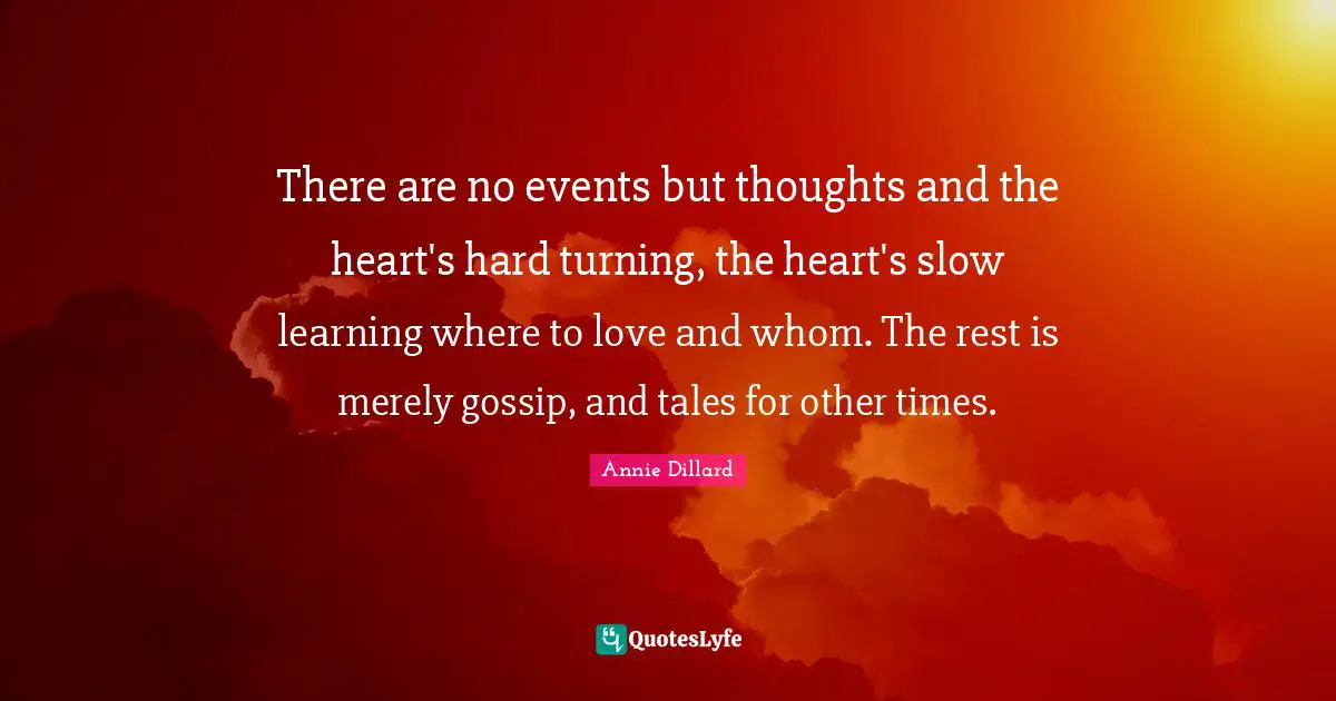 There are no events but thoughts and the heart's hard turning, the heart's slow learning where to love and whom. The rest is merely gossip, and tales for other times.