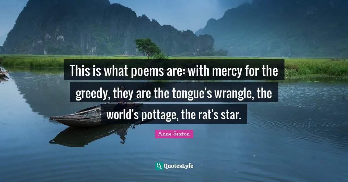 This is what poems are: with mercy for the greedy, they are the tongue's wrangle, the world's pottage, the rat's star.