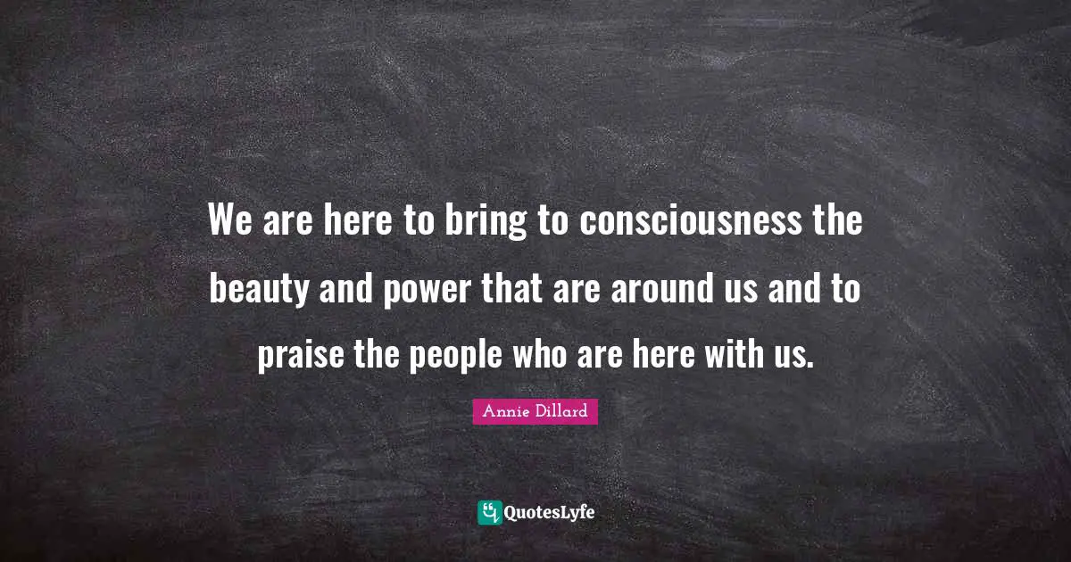 We are here to bring to consciousness the beauty and power that are around us and to praise the people who are here with us.