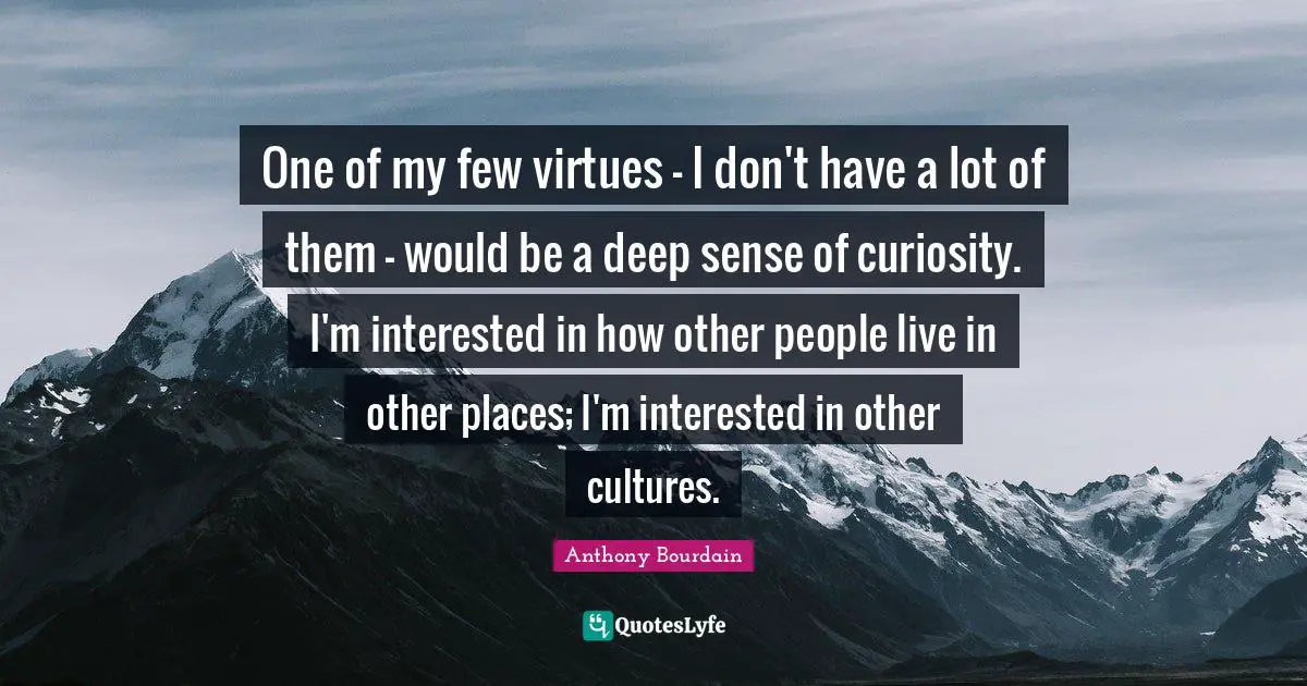One of my few virtues - I don't have a lot of them - would be a deep sense of curiosity. I'm interested in how other people live in other places; I'm interested in other cultures.