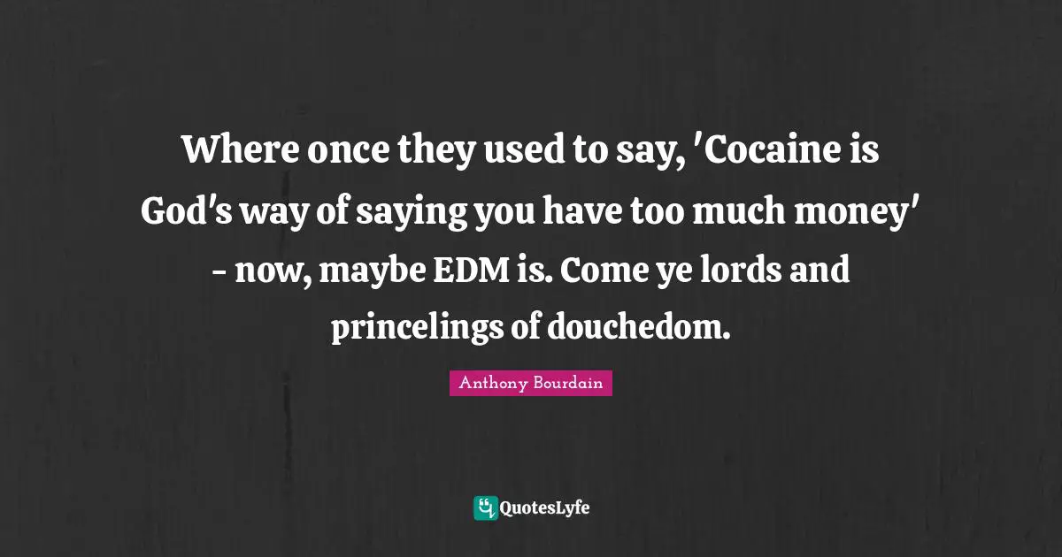 Where once they used to say, 'Cocaine is God's way of saying you have too much money' - now, maybe EDM is. Come ye lords and princelings of douchedom.